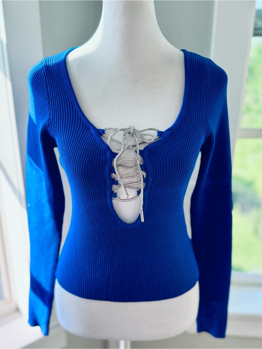 Lizette Collection Low Scoop Neck Ribbed Lace Up Top Cobalt Blue Medium